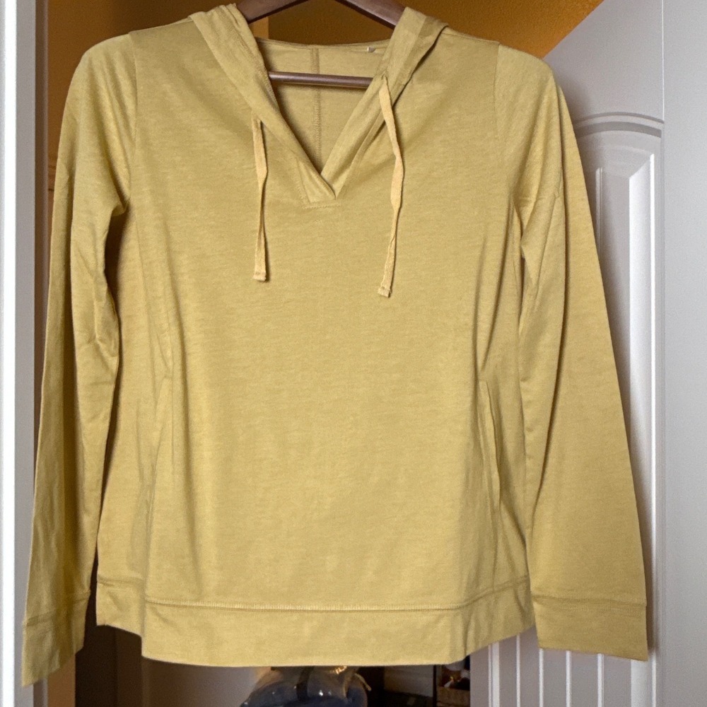 Womens Mustard Yellow V-Neck Lightweight Jersey NWOT Hoodie Kangaroo Pocket L‎ - Picture 3 of 8